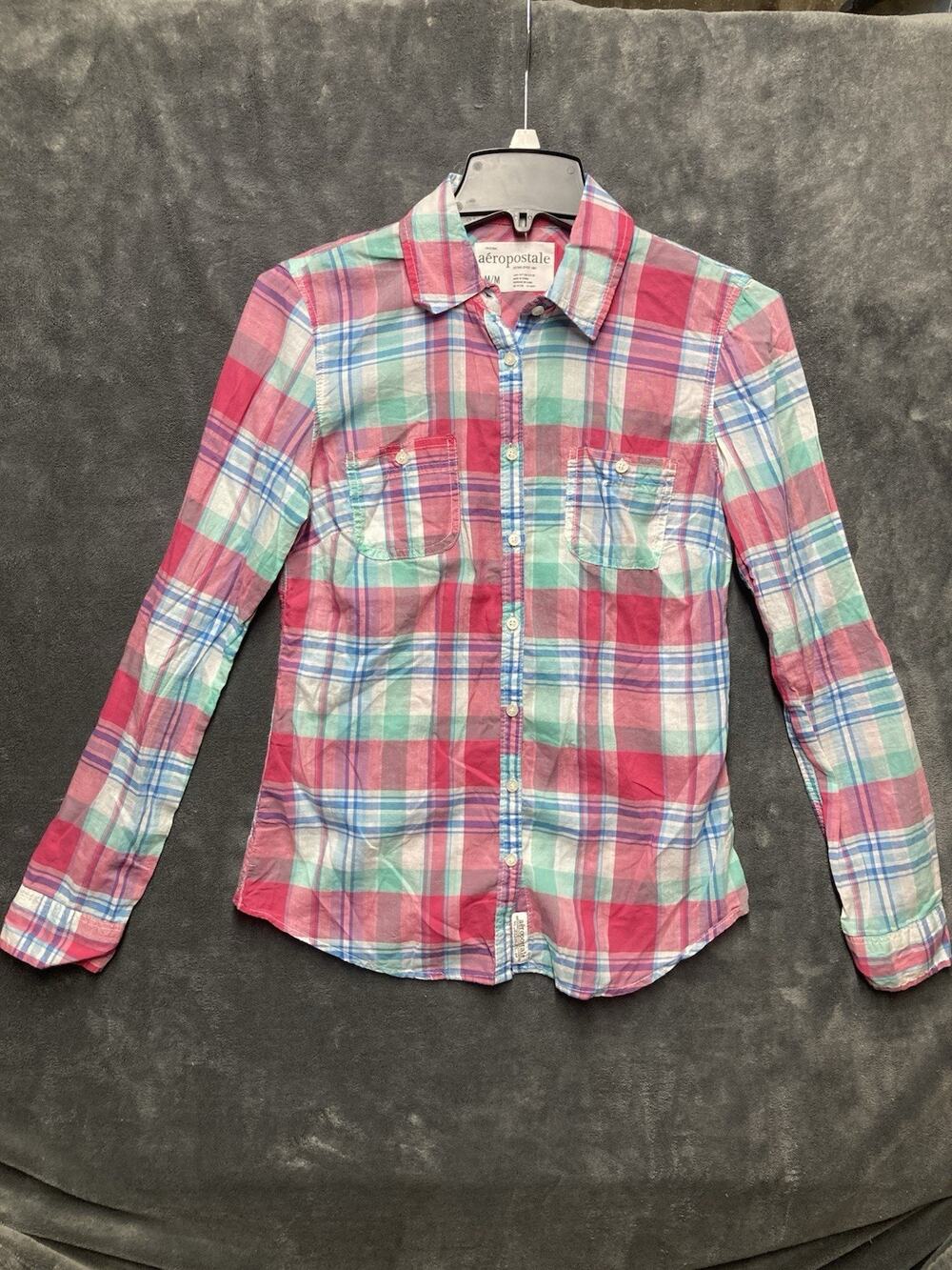 Aeropostale Button Front Top Woman Jr. M Pastel Plaid Western Tomboy Chic Spring